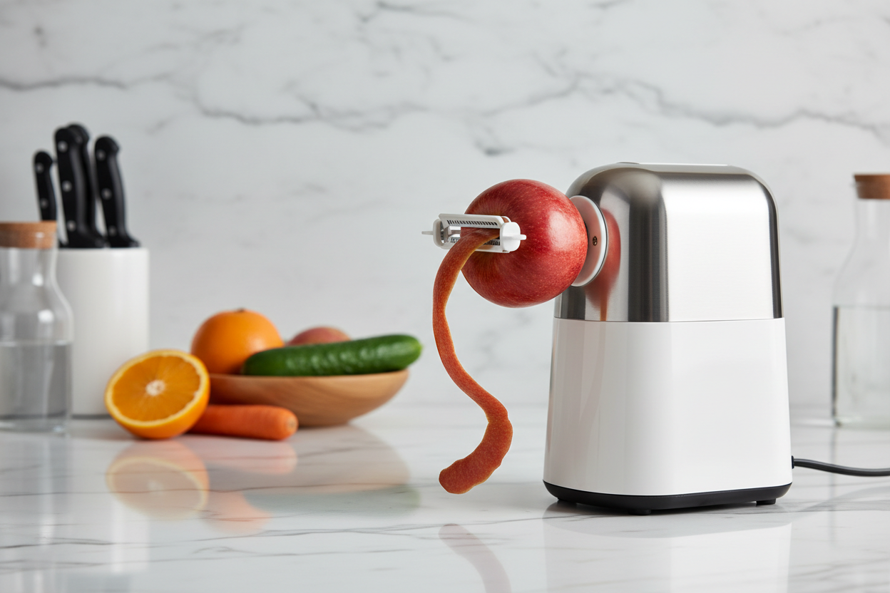 Automatic electric fruit and vegetable peeler peeling an apple on kitchen counter - VNHOMEKITCHEN