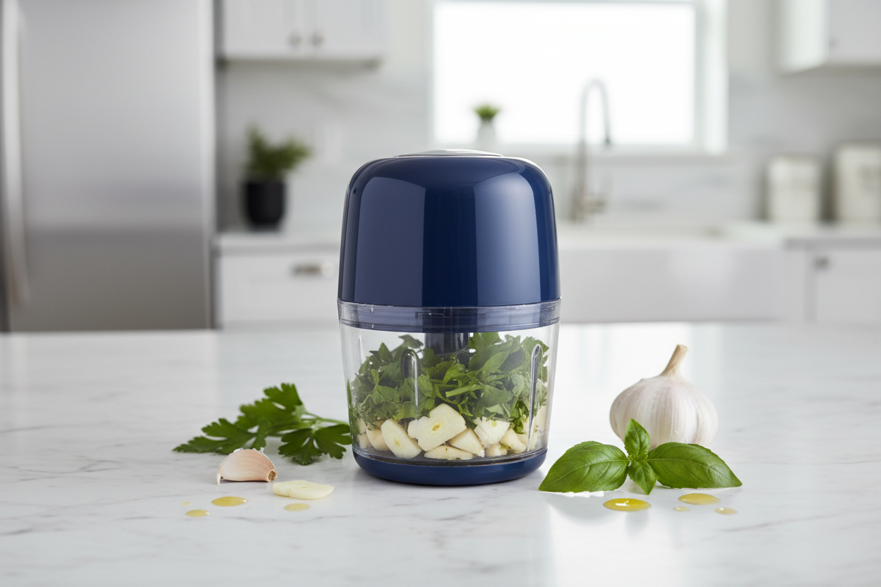 Electric garlic chopper with fresh garlic cloves on kitchen counter - VNHOMEKITCHEN